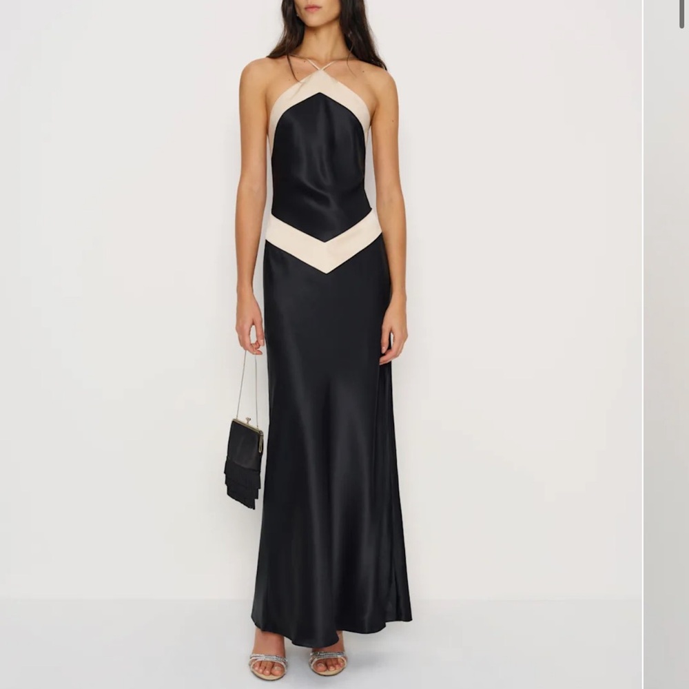 Reformation Black and Cream Satin Halter Maxi Dress